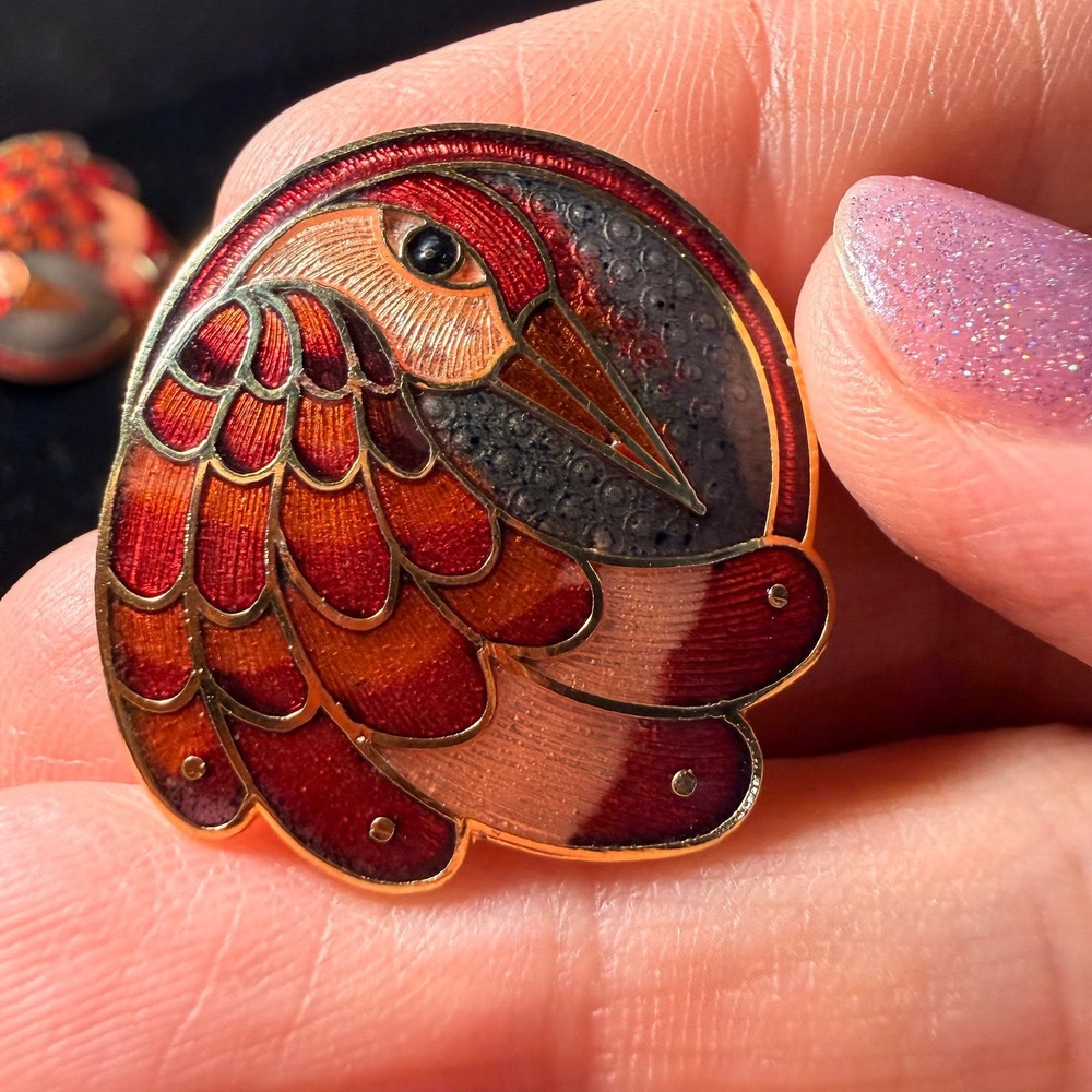 Vintage Red Orange Cloisonne Enamel Bird Stud Earrings Gold Tone Pheonix - Picture 6 of 6